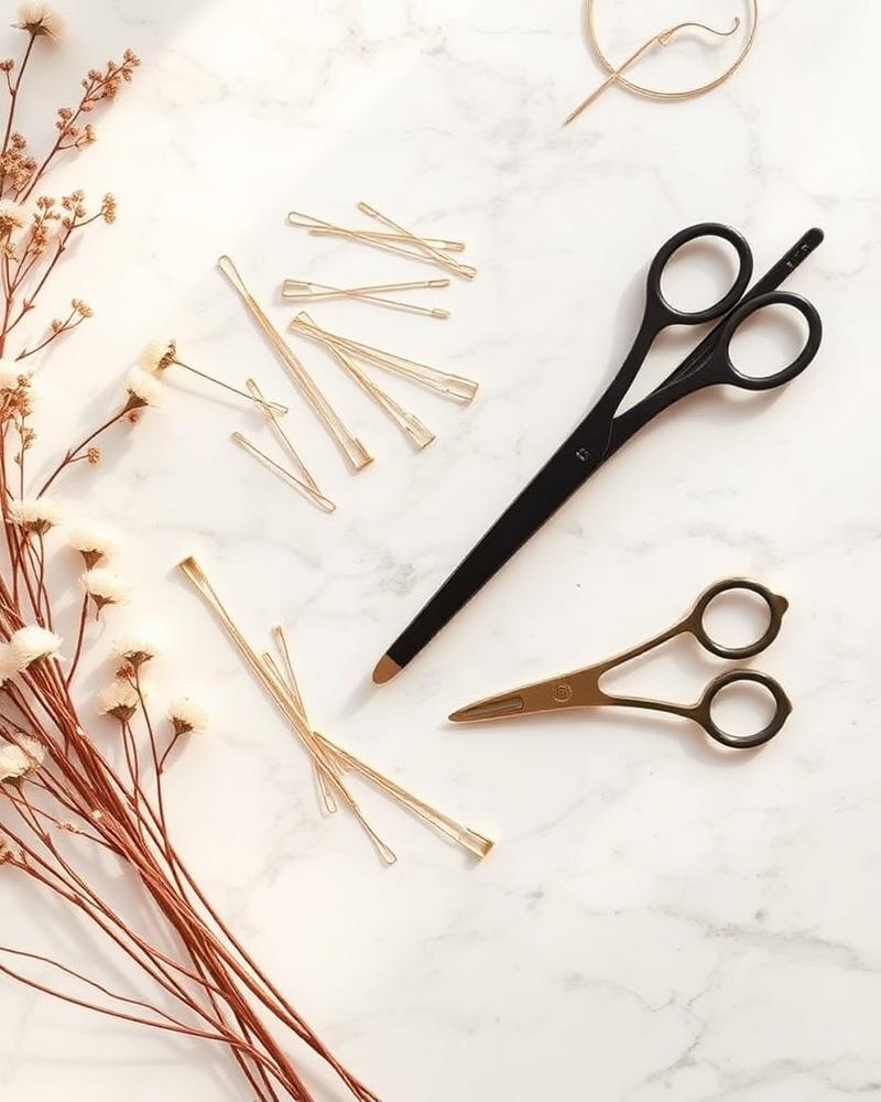 Gold hair pins and styling tools on a marble surface