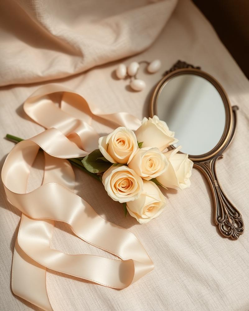 Silk ribbon and ivory roses arranged with a vintage hand mirror